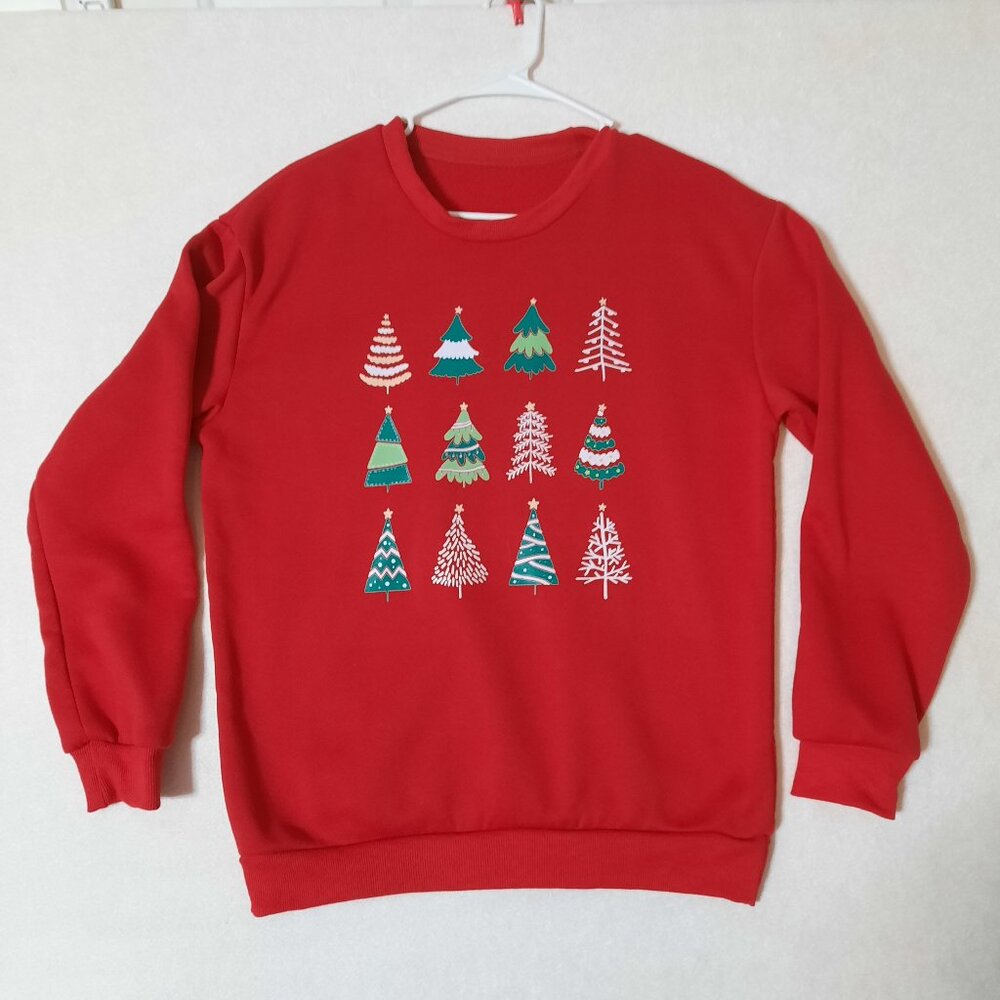 SHEIN Red Colorful Christmas Tree Sweatshirt, Cozy Warm Simple Holiday Top, MED